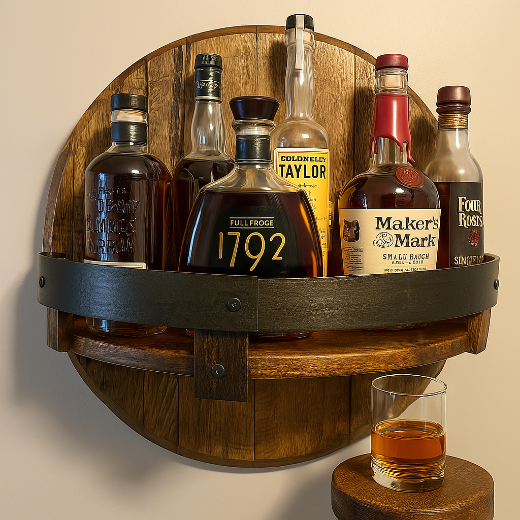 Rustic Oak Wall Shelf for Whiskey Display Reclaimed Barrel Wood Circular 7-Bottle Capacity