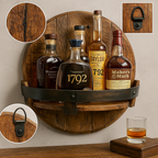Rustic Oak Wall Shelf for Whiskey Display Reclaimed Barrel Wood Circular 7-Bottle Capacity
