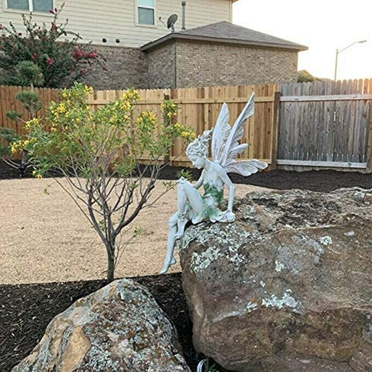 Sitting Fairy Garden Statue Resin Figurine White Brown 22 cm Decorative Outdoor Patio Ornament