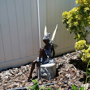 Sitting Fairy Garden Statue Resin Figurine White Brown 22 cm Decorative Outdoor Patio Ornament