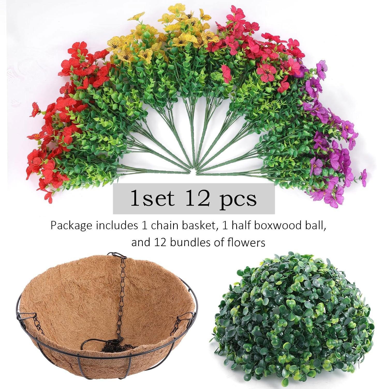 EterniBloom Artificial Hanging Flower Basket with 12 Silk Flowers Weatherproof UV-Resistant Decor