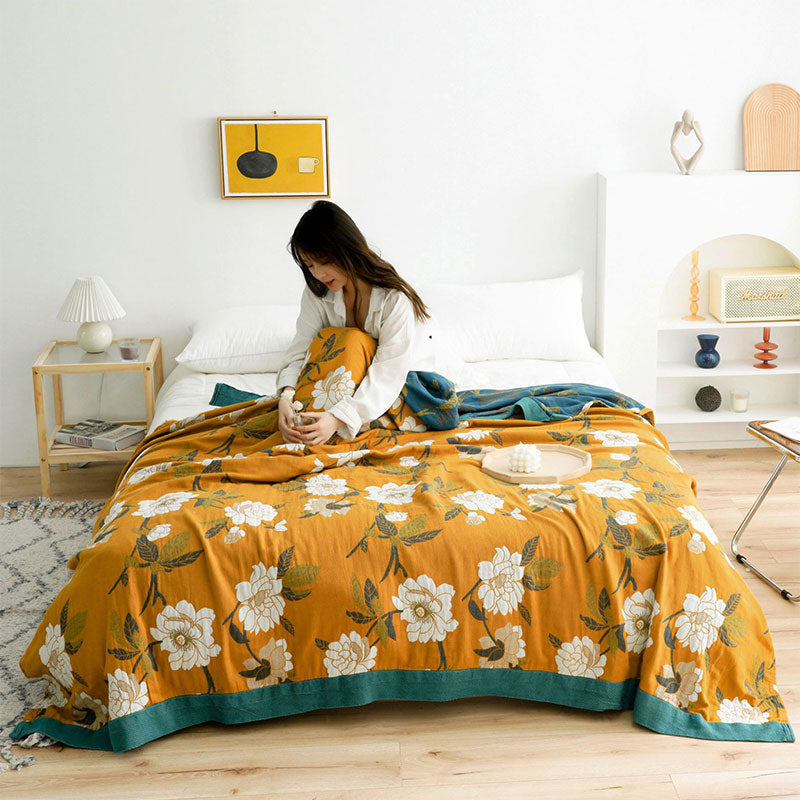 Reversible Cotton Quilt Boho Yellow Floral Design Soft Durable Full Queen King Sizes