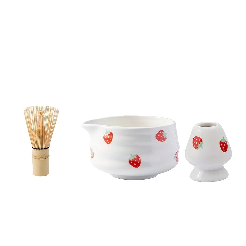 Japanese Matcha Bowl Set Ceramic Strawberry Design Traditional Tea Ceremony Cup
