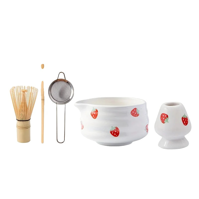 Japanese Matcha Bowl Set Ceramic Strawberry Design Traditional Tea Ceremony Cup