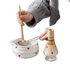 Heart-Shaped Ceramic Matcha Bowl Set with Bamboo Whisk for Japanese Tea Ceremony Size M