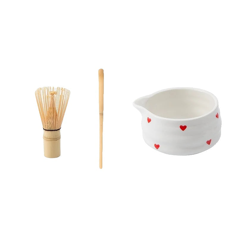 Heart-Shaped Ceramic Matcha Bowl Set with Bamboo Whisk for Japanese Tea Ceremony Size M