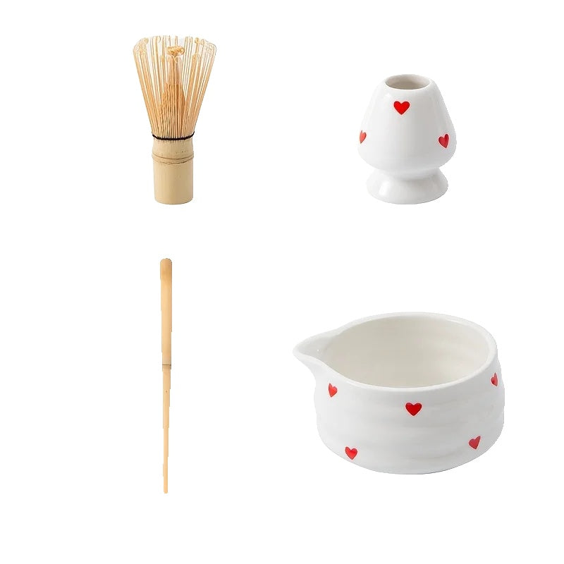 Heart-Shaped Ceramic Matcha Bowl Set with Bamboo Whisk for Japanese Tea Ceremony Size M