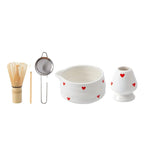 Heart-Shaped Ceramic Matcha Bowl Set with Bamboo Whisk for Japanese Tea Ceremony Size M