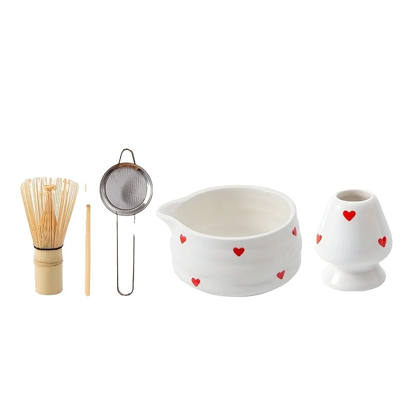 Heart-Shaped Ceramic Matcha Bowl Set with Bamboo Whisk for Japanese Tea Ceremony Size M