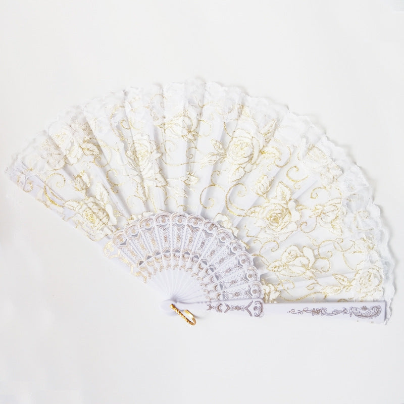 Ladies Elegant Sheer Lace Hand Fan with Floral Embellishments