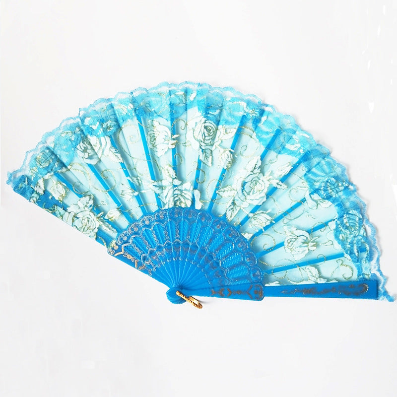 Ladies Decorative Hand Fan Rose Motifs Elegant Lightweight Fabric Accessory
