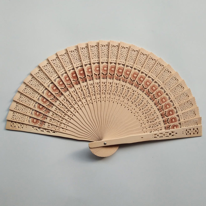 Ladies Decorative Hand Fan Red Floral Painting Paper Wood Foldable Accessory