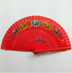 Ladies Decorative Hand Fan Red Floral Painting Paper Wood Foldable Accessory