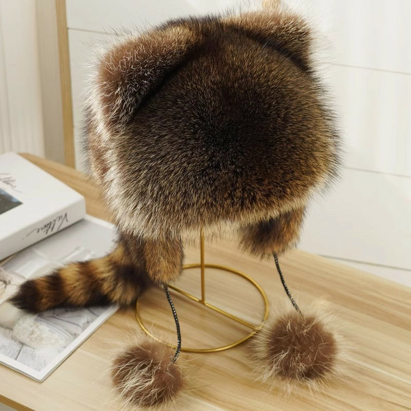 Faux Fur Raccoon Tail Plush Winter Hat with Pom Pom Balls Warm Ski Trapper Hat for Adults and Kids