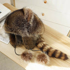 Faux Fur Raccoon Tail Plush Winter Hat with Pom Pom Balls Warm Ski Trapper Hat for Adults and Kids