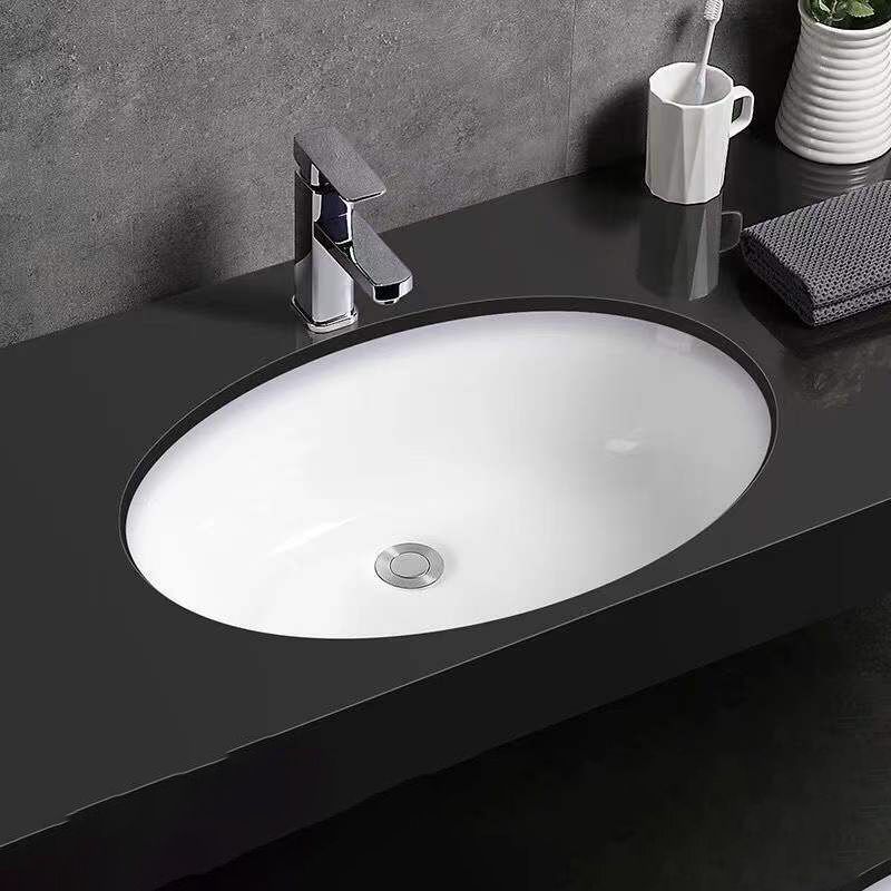 Modern Oval Undermount Porcelain Sink with Pop-Up Drain White Ceramic Bathroom Basin