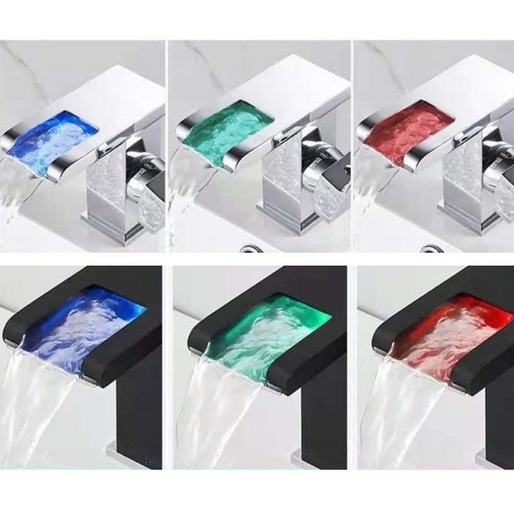 Single-Handle Bathroom Sink Faucet Black Chrome Stainless Steel LED Light 1-Hole Modern Basin Faucet