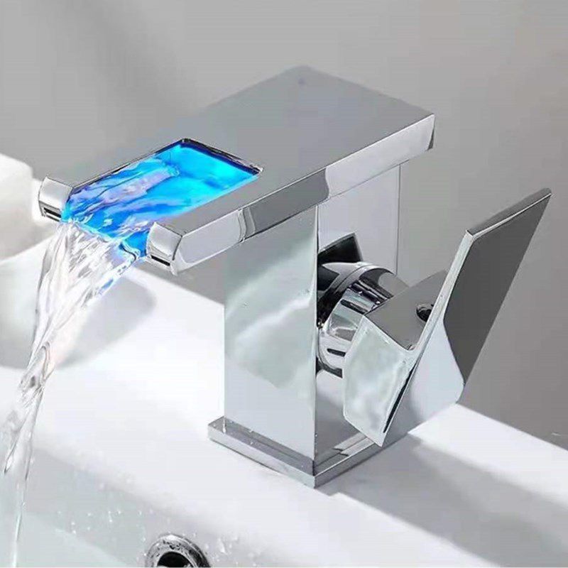 Single-Handle Bathroom Sink Faucet Black Chrome Stainless Steel LED Light 1-Hole Modern Basin Faucet