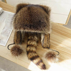 Faux Fur Raccoon Tail Plush Winter Hat with Pom Pom Balls Warm Ski Trapper Hat for Adults and Kids