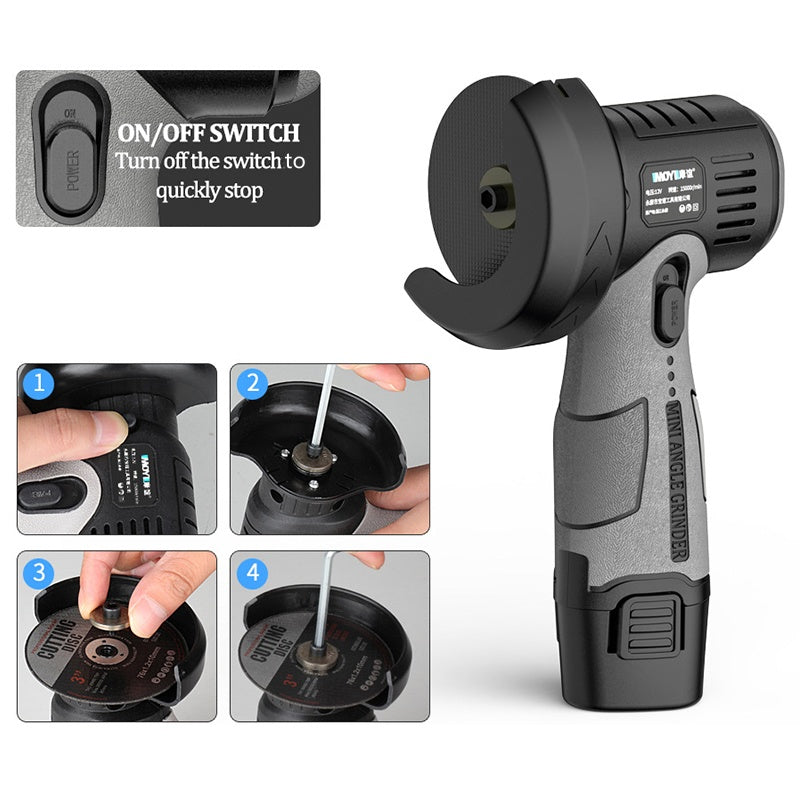 12V Cordless Mini Angle Grinder 400W 15000 RPM with 75mm Cutting Disc and Rechargeable Battery Black