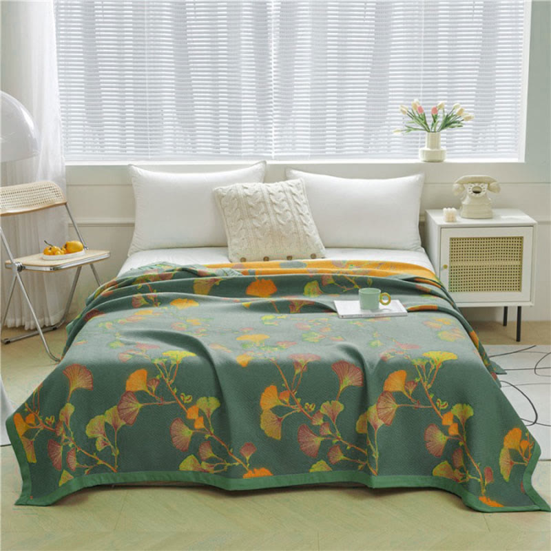 Reversible Jacquard Cotton Quilt Soft Cozy Ginkgo Pattern Two-Sided Design