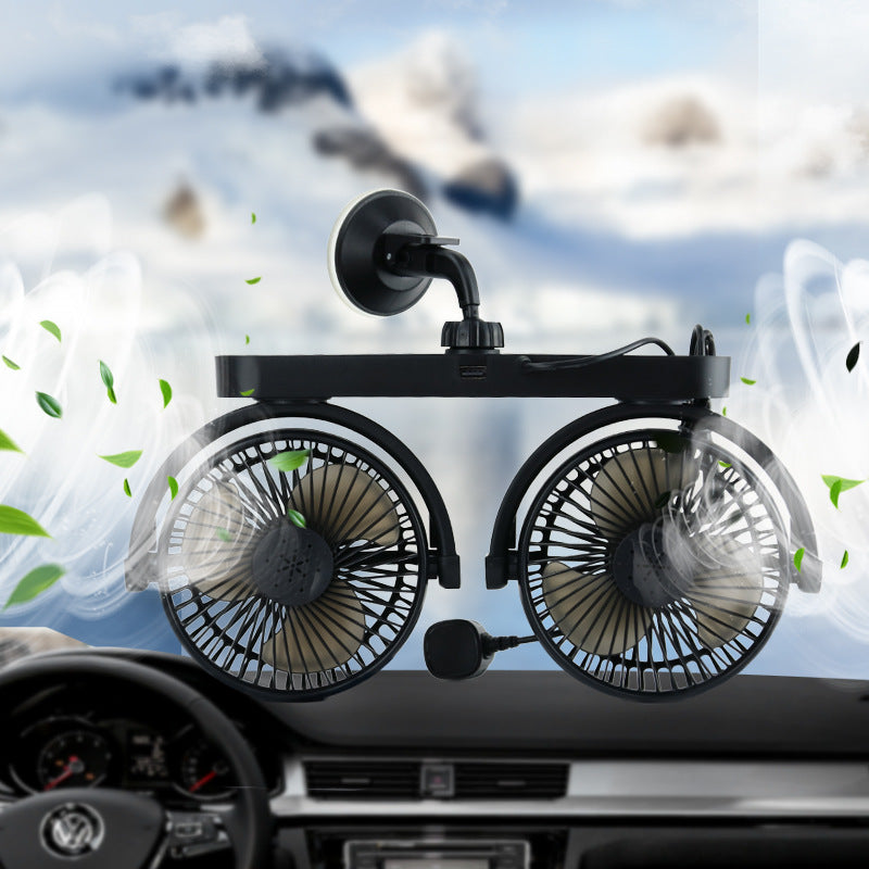 Dual-Head Suction Cup Car Cooling Fan USB Powered Adjustable Airflow Portable