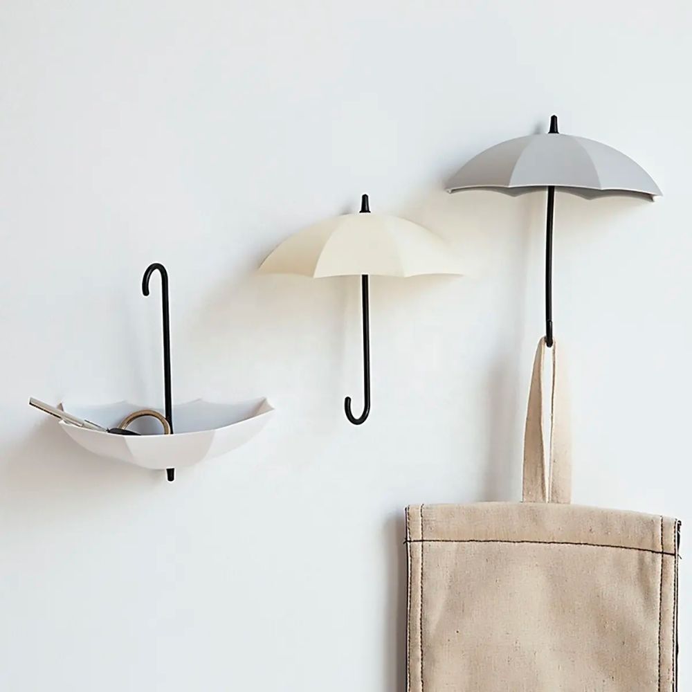 Umbrella Wall Hooks 3-Pack Adhesive Plastic Pastel and Neutral Colors Decorative Storage