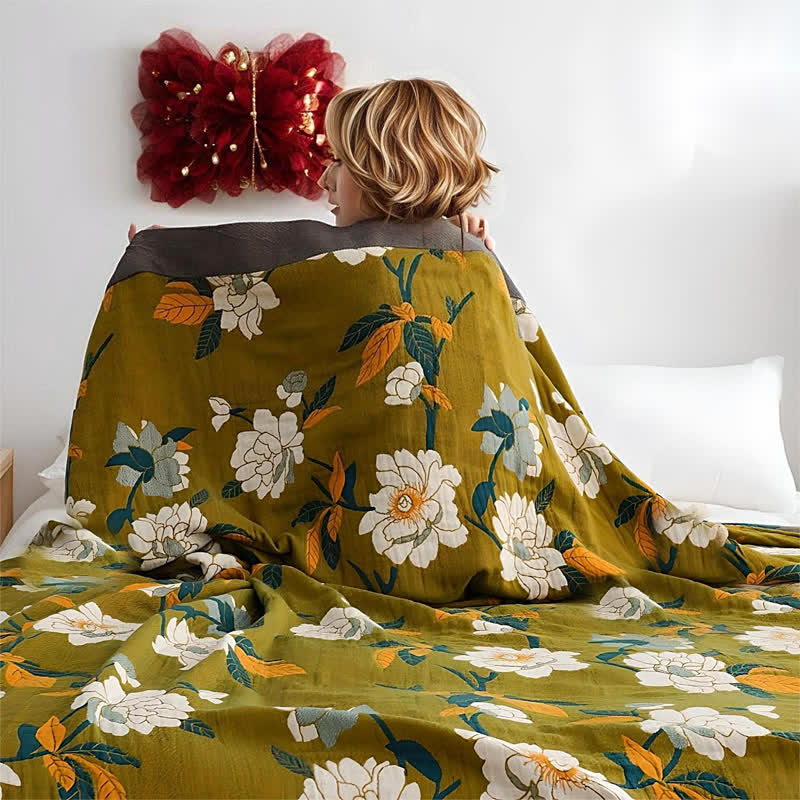 Olive Flower Printed Cotton Quilt Double-Sided Boho Bedroom Decor Full Queen King
