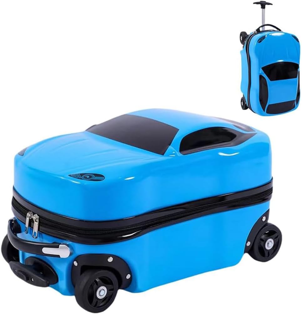 18” Kids Pull-Along Car Suitcase with Retractable Handle Durable ABS Hardshell Blue Red