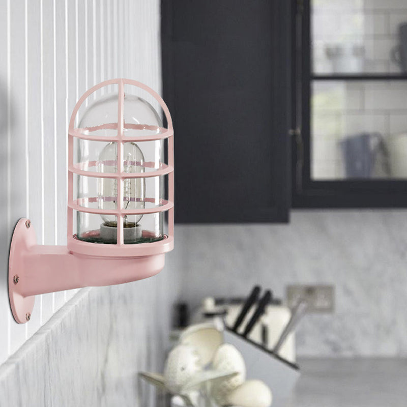 Loft Capsule Industrial Wall Sconce Light with Transparent Glass Shade and Wire Cage in Pink Blue Rust