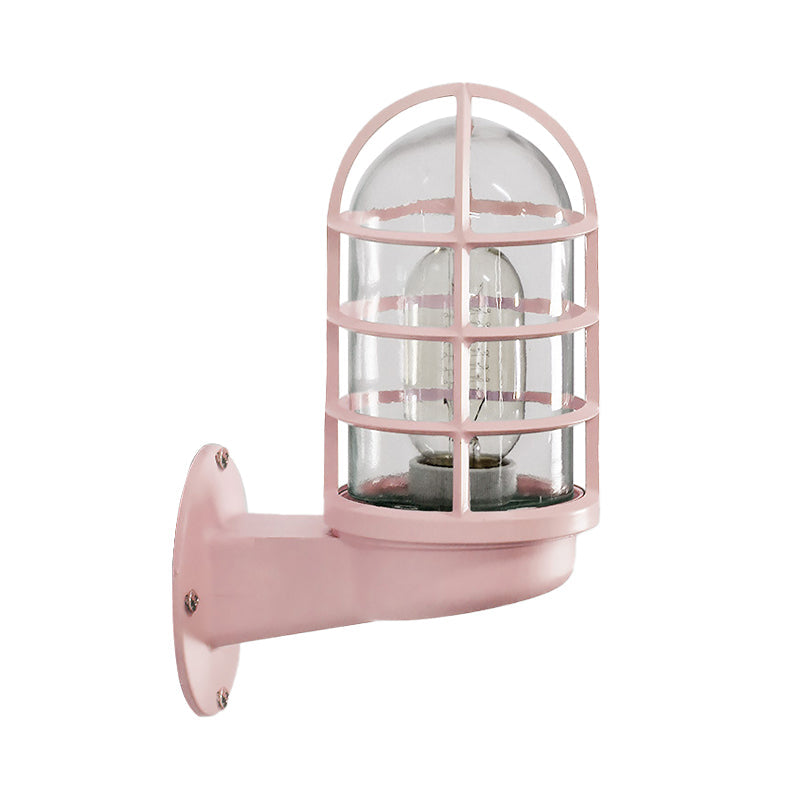Loft Capsule Industrial Wall Sconce Light with Transparent Glass Shade and Wire Cage in Pink Blue Rust