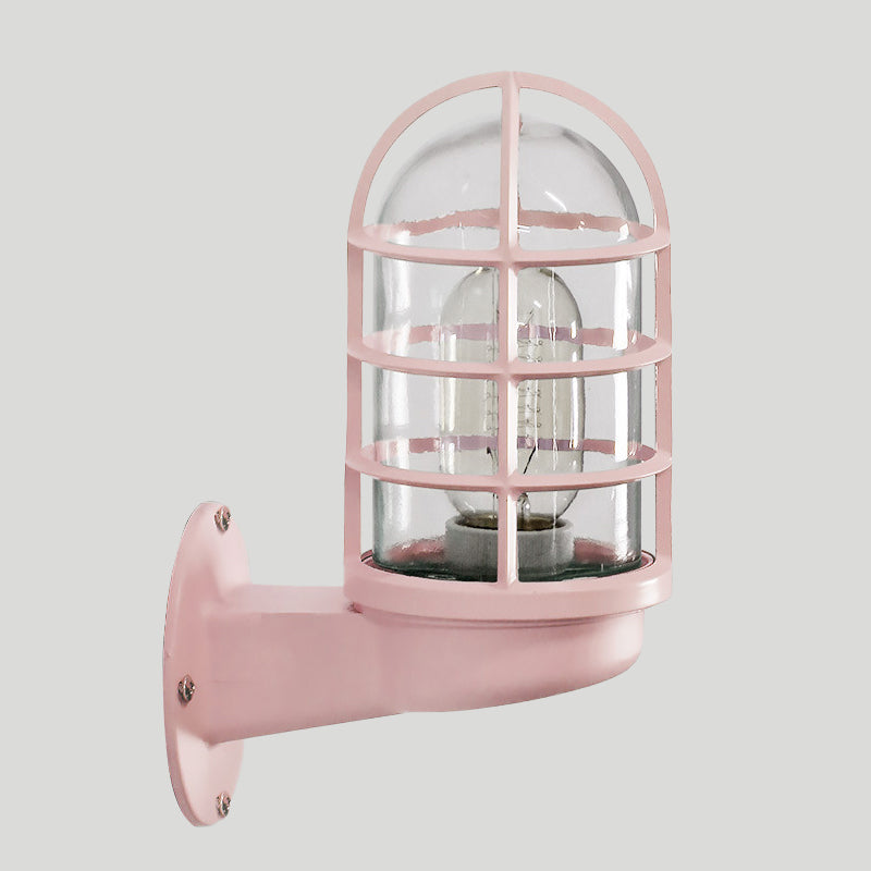 Loft Capsule Industrial Wall Sconce Light with Transparent Glass Shade and Wire Cage in Pink Blue Rust