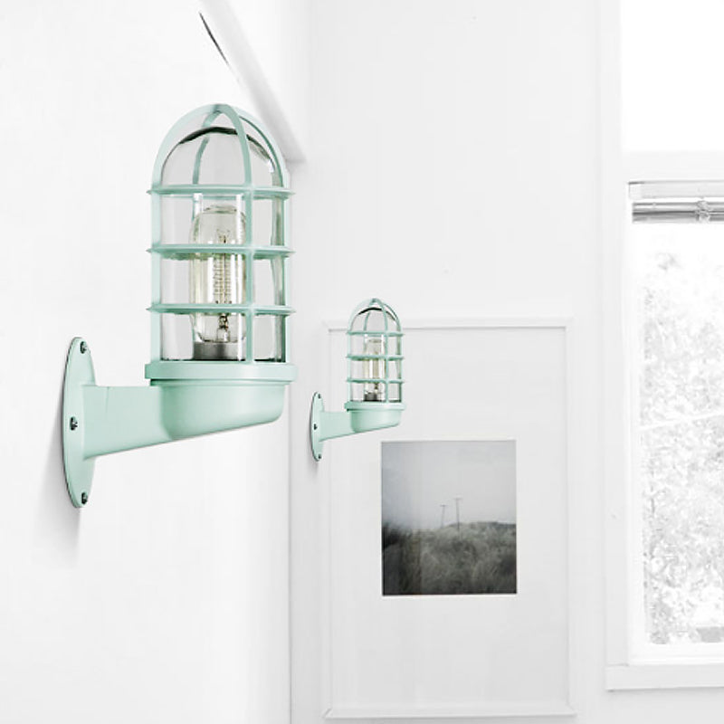 Loft Capsule Industrial Wall Sconce Light with Transparent Glass Shade and Wire Cage in Pink Blue Rust