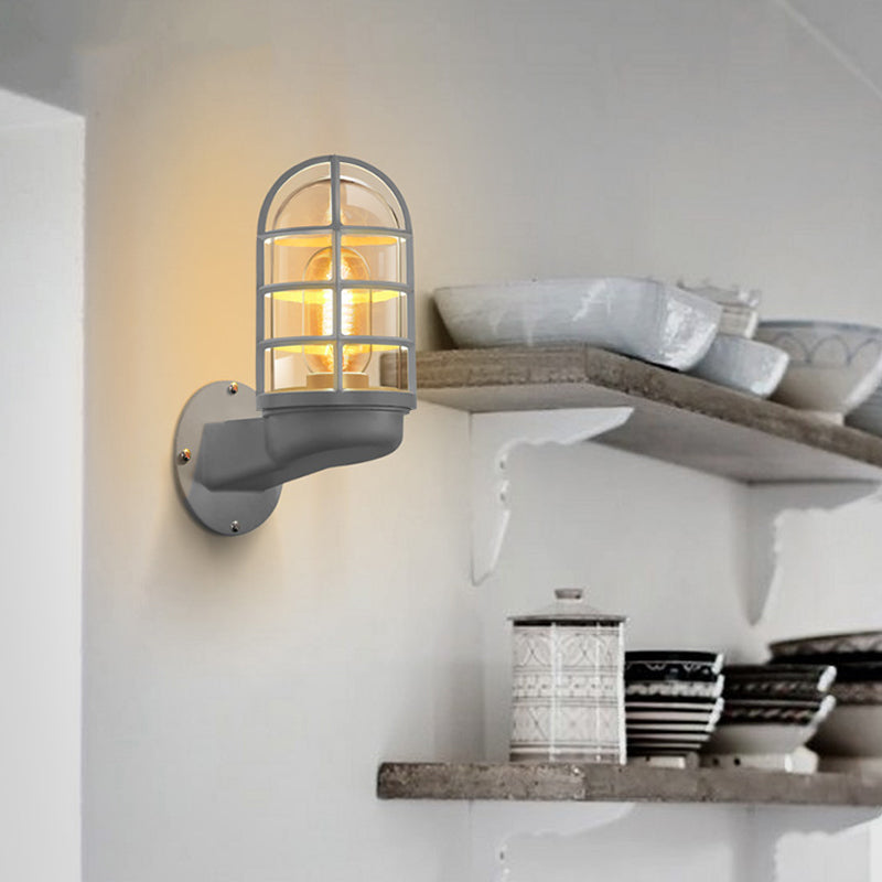 Loft Capsule Industrial Wall Sconce Light with Transparent Glass Shade and Wire Cage in Pink Blue Rust