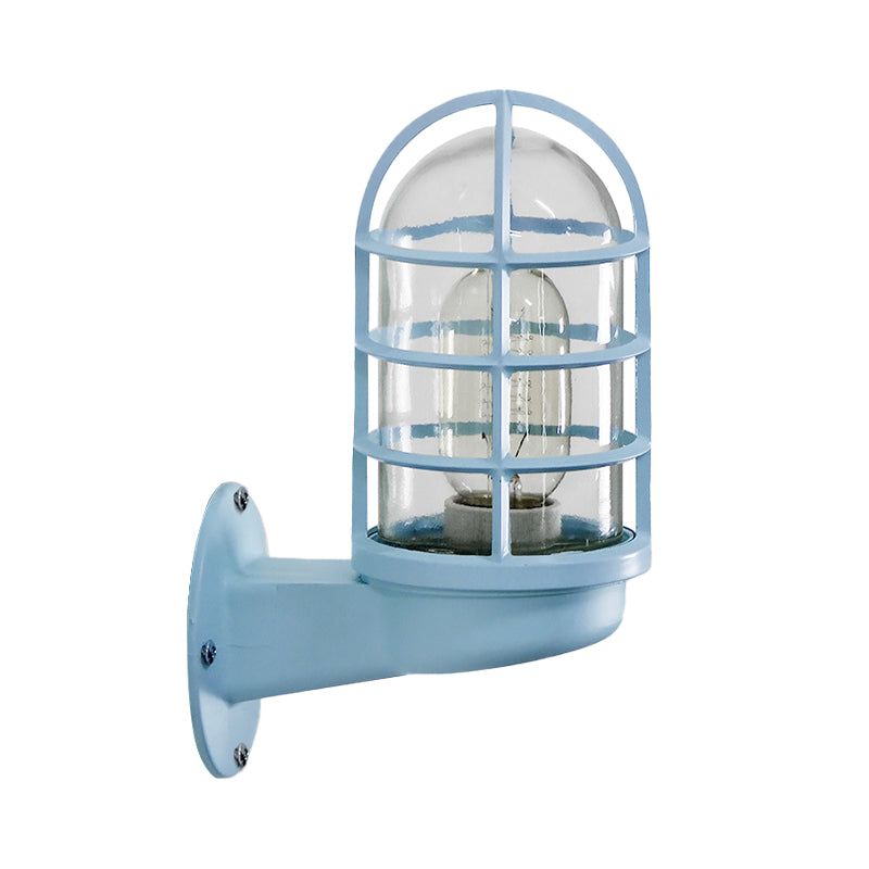 Loft Capsule Industrial Wall Sconce Light with Transparent Glass Shade and Wire Cage in Pink Blue Rust