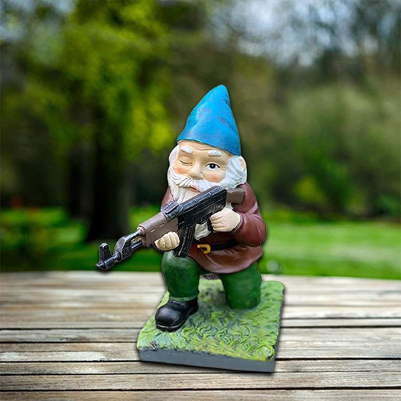 Military Garden Gnome Statue with Camouflage Uniform and AK47 Resin Outdoor Decor