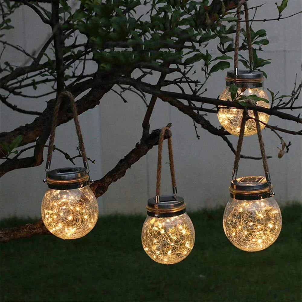 Solar Mason Jar Lamp with Cracked Glass and Hemp Rope Warm LED Outdoor Solar Light Waterproof