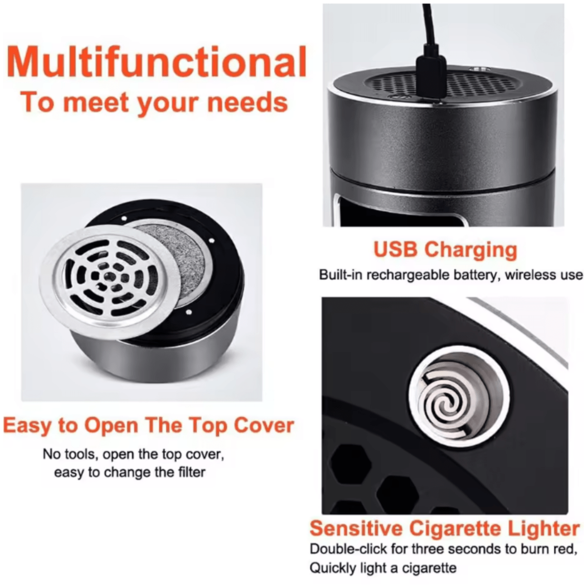 Portable Smokeless Ashtray with HEPA Filter USB Rechargeable Smoke-Free Air Purifier for Car Home Office