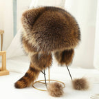 Faux Fur Raccoon Tail Plush Winter Hat with Pom Pom Balls Warm Ski Trapper Hat for Adults and Kids