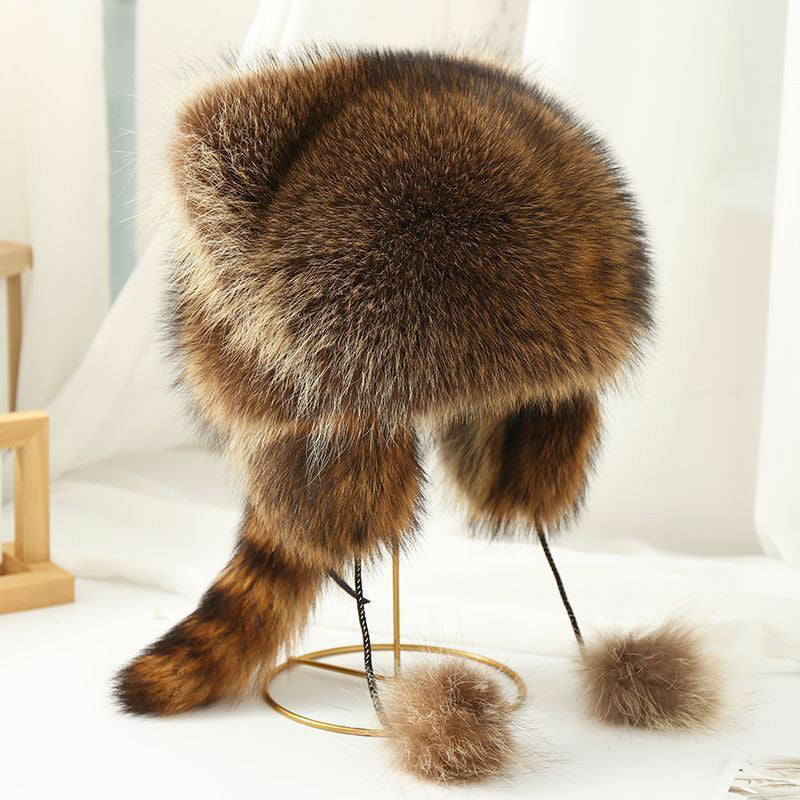 Faux Fur Raccoon Tail Plush Winter Hat with Pom Pom Balls Warm Ski Trapper Hat for Adults and Kids
