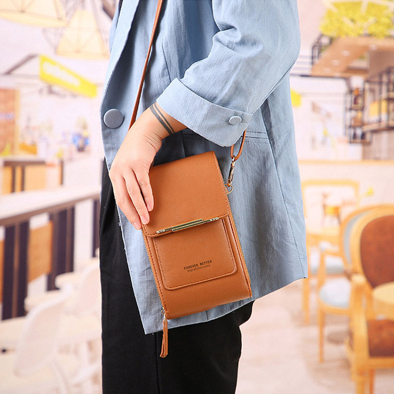 Anti-Theft Leather Crossbody Bag with RFID Protection and Touchscreen Phone Compartment Compact Shoulder Bag for Women
