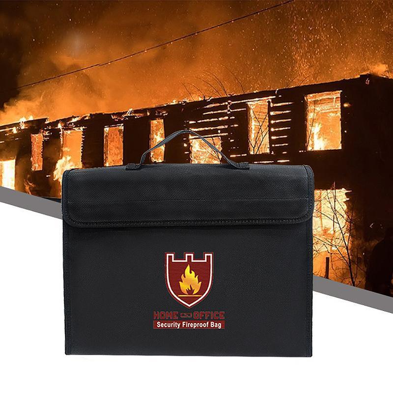 Fireproof Waterproof Document Bag Fiberglass Heat Resistant Fire Safe Storage 38x28x7.5 cm Black