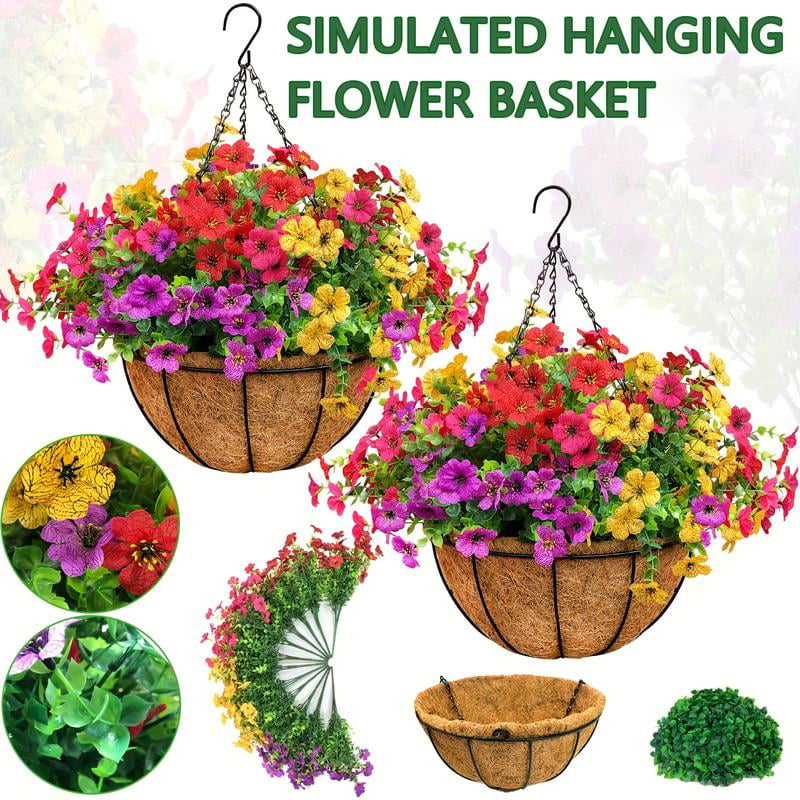 EterniBloom Artificial Hanging Flower Basket with 12 Silk Flowers Weatherproof UV-Resistant Decor