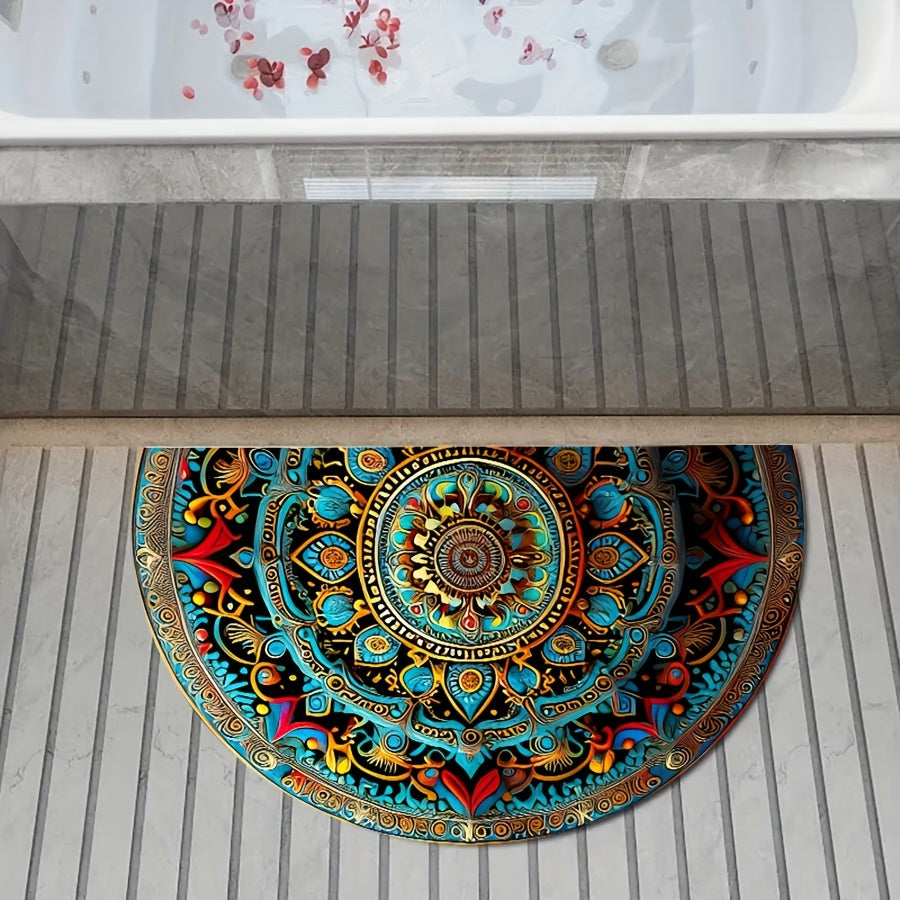 Half Moon Mandala Door Mat Semi-Circular Polyester Entry Mat with Anti-Slip Backing and Machine Washable Design