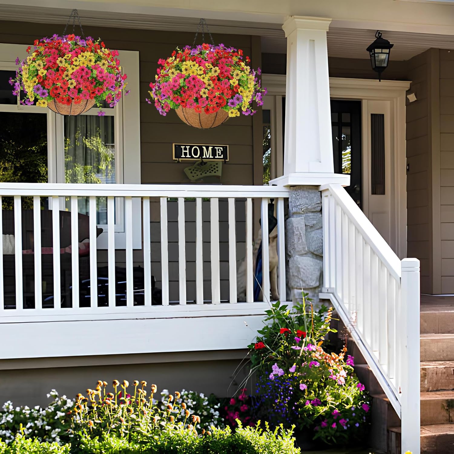 EterniBloom Artificial Hanging Flower Basket with 12 Silk Flowers Weatherproof UV-Resistant Decor