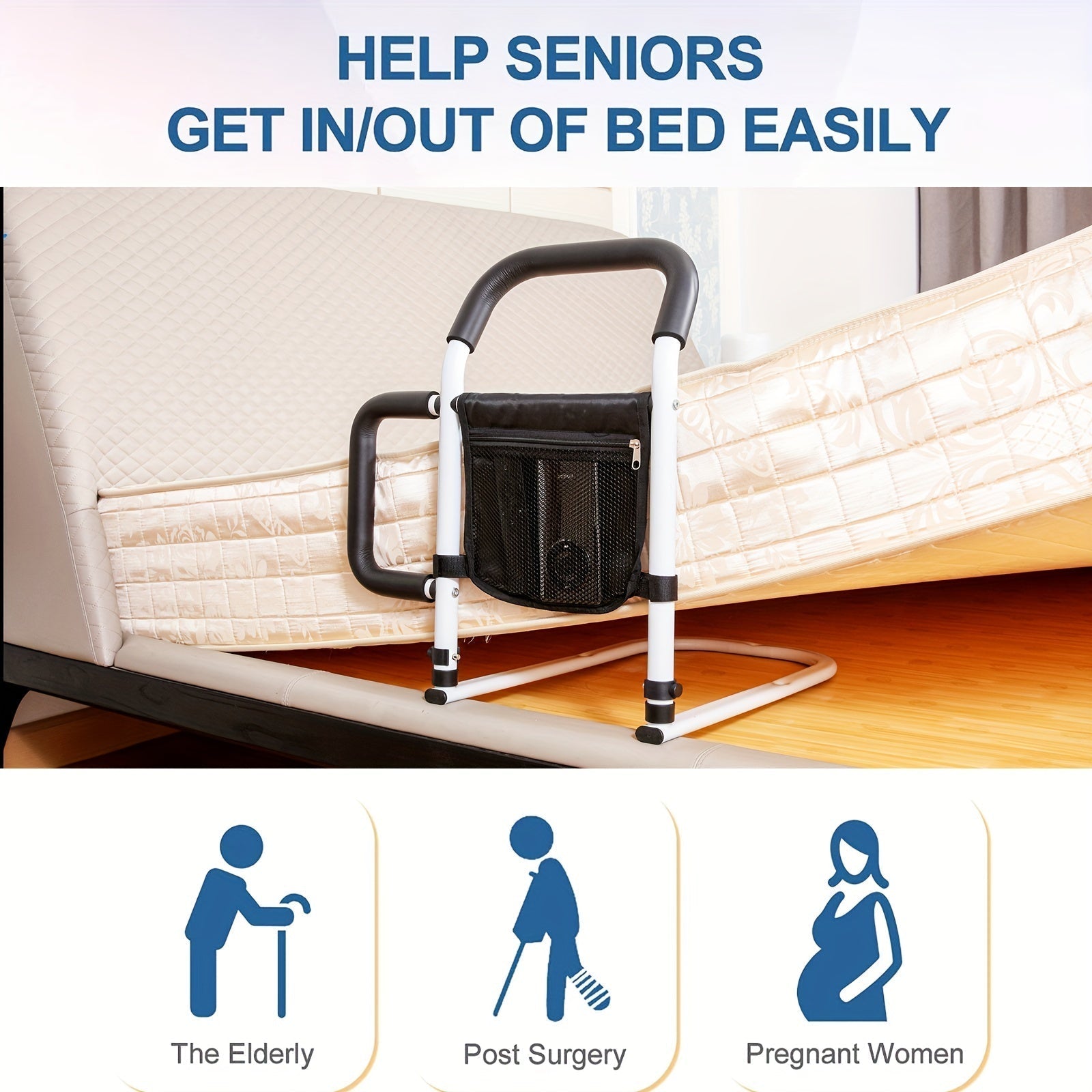 Bed Assist Handle with Dual Grip Metal Frame and Storage Bag for Twin to King Beds