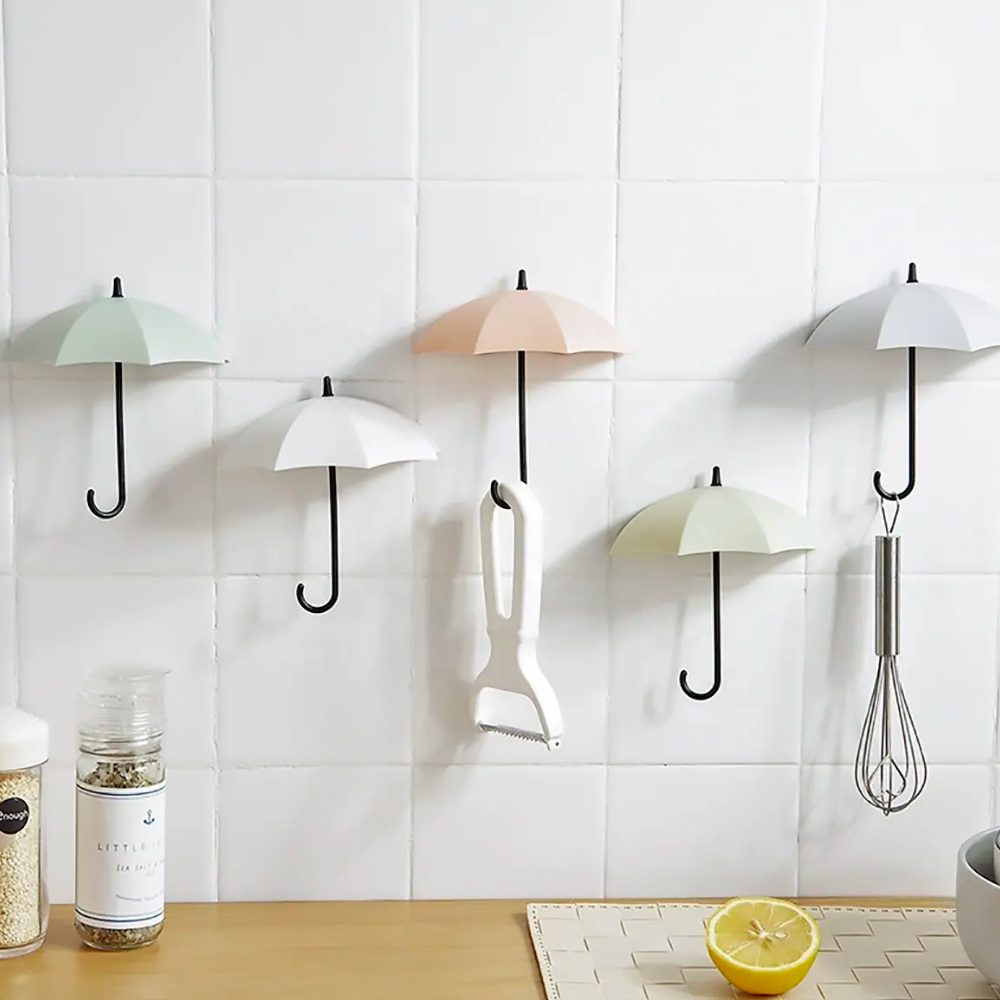 Umbrella Wall Hooks 3-Pack Adhesive Plastic Pastel and Neutral Colors Decorative Storage