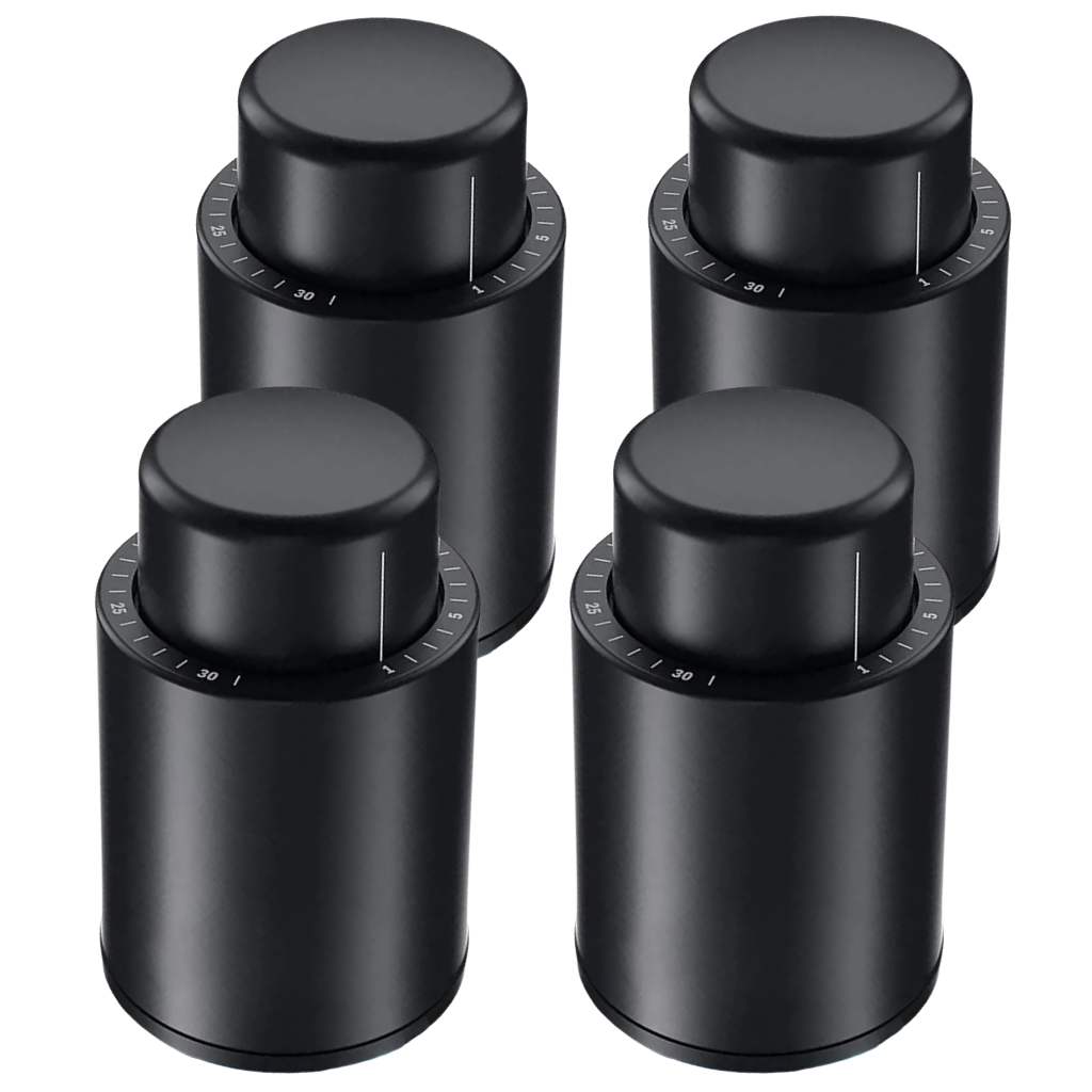 Vacuum Wine Bottle Stopper with Date Tracker Black ABS 2 or 4 Pack Preservation Seal