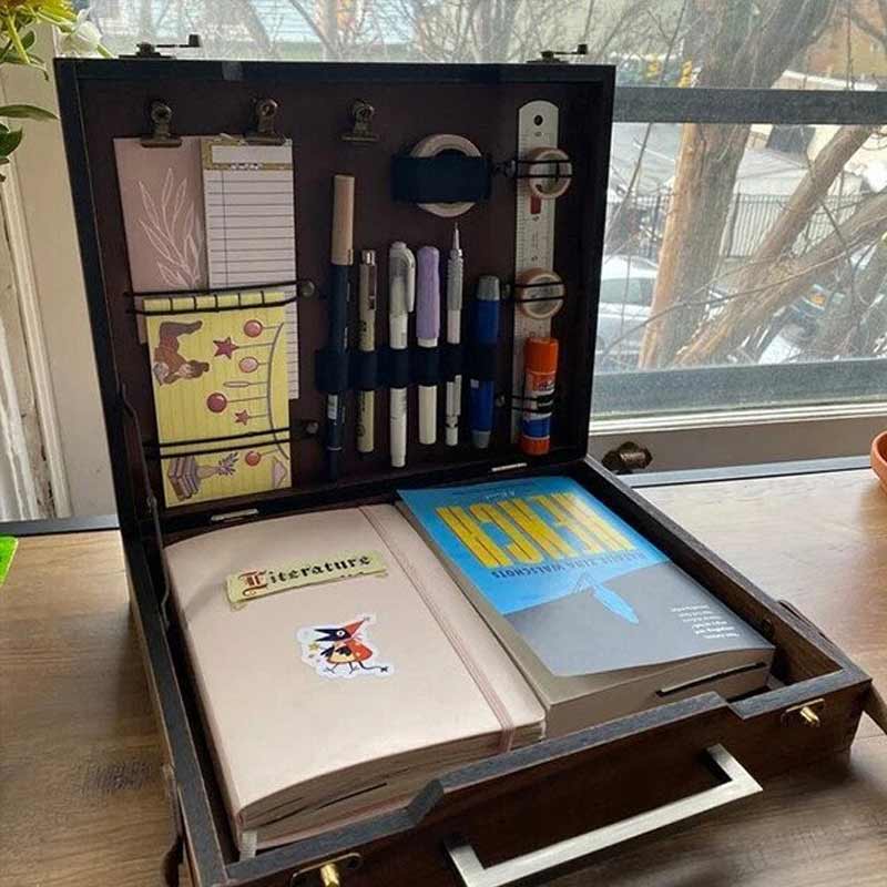 Writers Messenger Wooden Box A5 Walnut Storage Case with Pen Holders and Clips