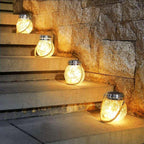 Solar Mason Jar Lamp with Cracked Glass and Hemp Rope Warm LED Outdoor Solar Light Waterproof